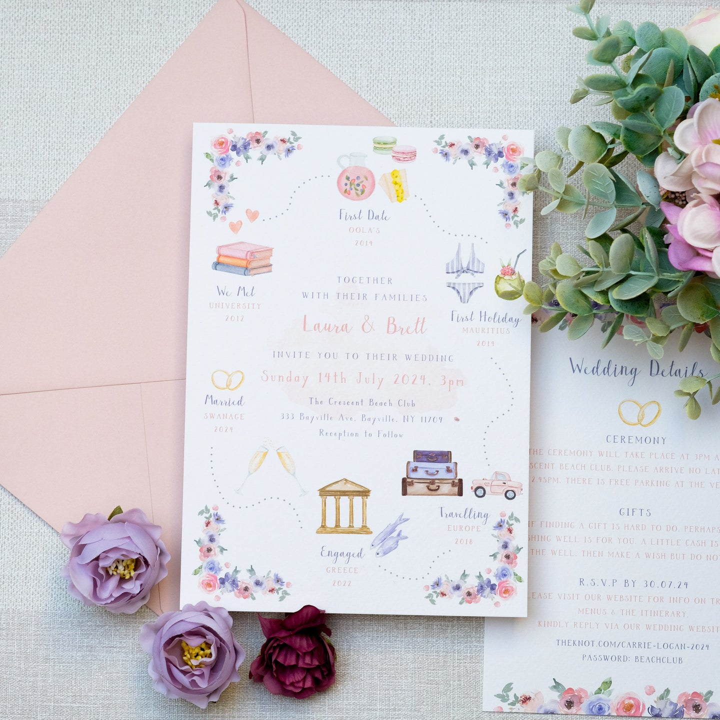 Bespoke custom wedding invitations with hand painted illustration of your relationship milestones on high quality texture card, with wedding details card